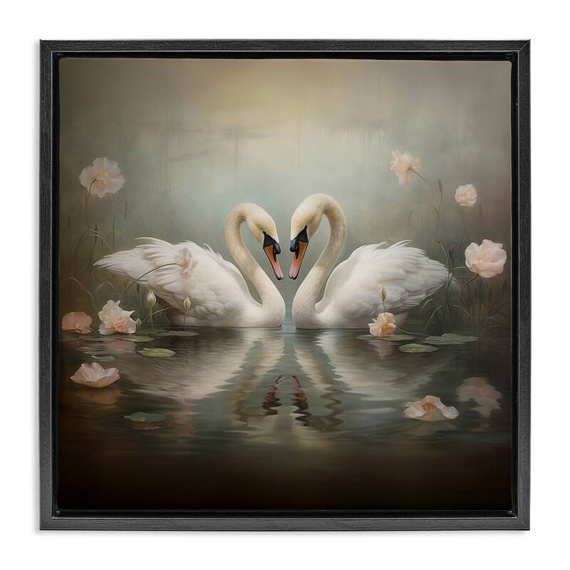 Stupell Romantic Swans in Floral Pond Framed Floater Canvas Wall Art Design By Arlington Prints - 18 x 18 - Black
