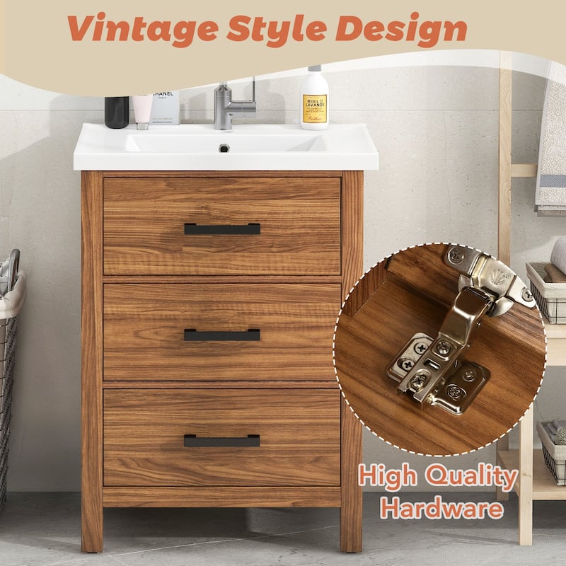 GDFStudio - Marwick Modern Freestanding Bathroom Vanity with Ceramic Sink and 3 Storage Drawers - 24.4'W