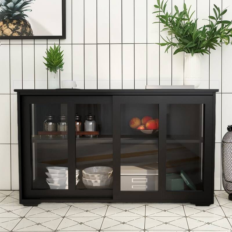 Sideboard Buffet Cabinet, Cupboard Storage Table with Shelf & Glass Sliding Doors, Wood Bar Cabinet - 41.93“W