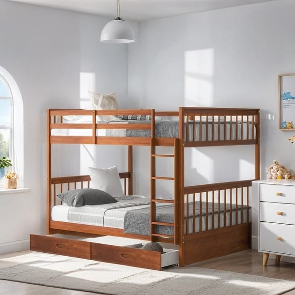 slide 2 of 36, Full over Full Size Bunk Bed with Ladders, Solid Wood Kids Storage Bed Frame with 2-Storage Drawers for Bedroom, Walnut Walnut