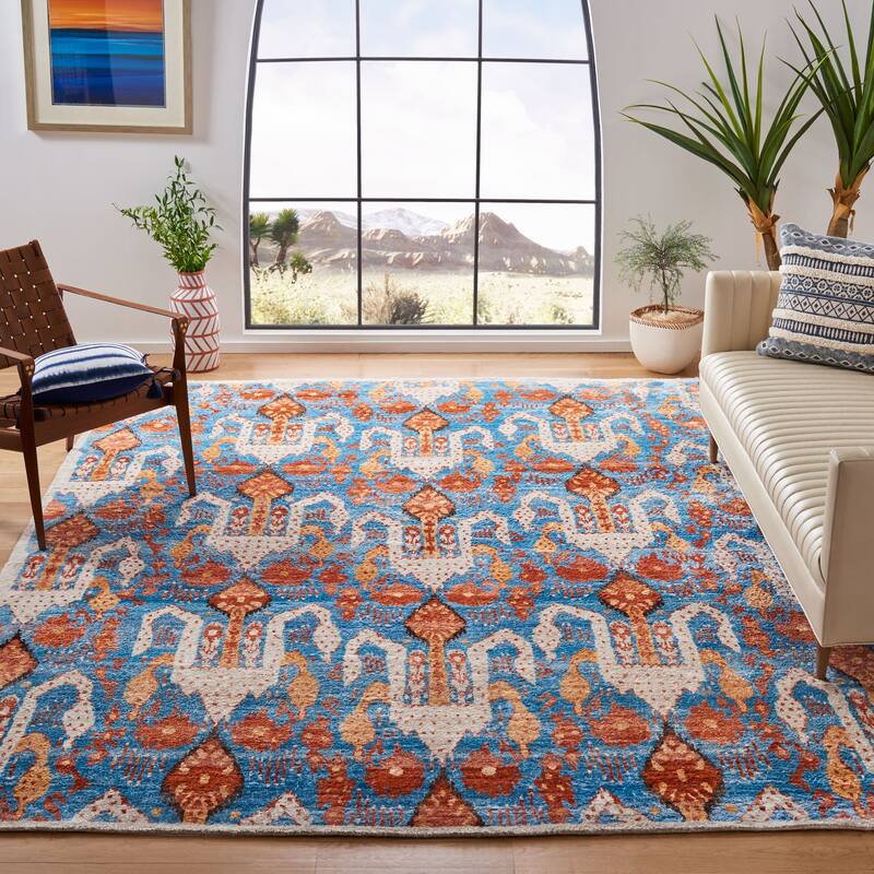 SAFAVIEH Couture Hand-Knotted Luxor Bengu Banana Silk Rug - 6' x 9' - Aqua/Orange