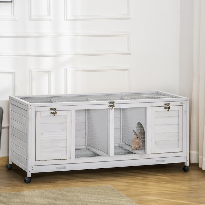 Light Grey Fir Wood Small Pet Hutch with Steel Wire and Slide-Out Tray - 54.3" L x 20.9" W x 24" H - Light Grey