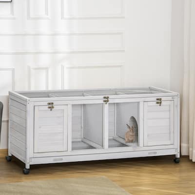 Light Grey Fir Wood Small Pet Hutch with Steel Wire and Slide-Out Tray - 54.3" L x 20.9" W x 24" H