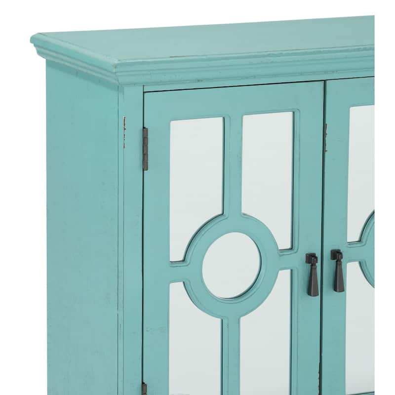 Anik Accent Cabinet, 2 Mirror Inlaid Glass Door, Aqua Green Wood