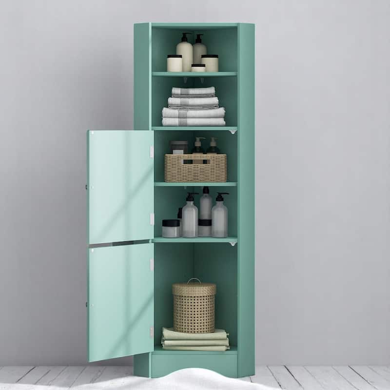 Freestanding Bathroom Corner Storage Cabinet with 2 Doors, Adjustable Shelves, Waterproof MDF, Triangle Design