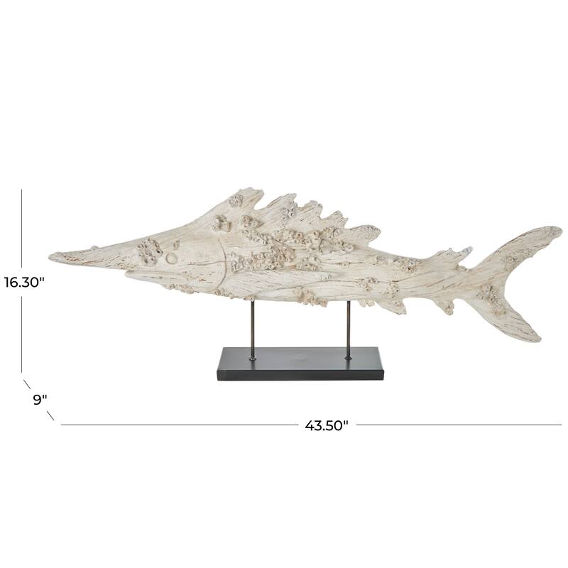 Cream Polystone Textured Fish Decorative Sculpture with Brown Distressing and Black Metal Stand