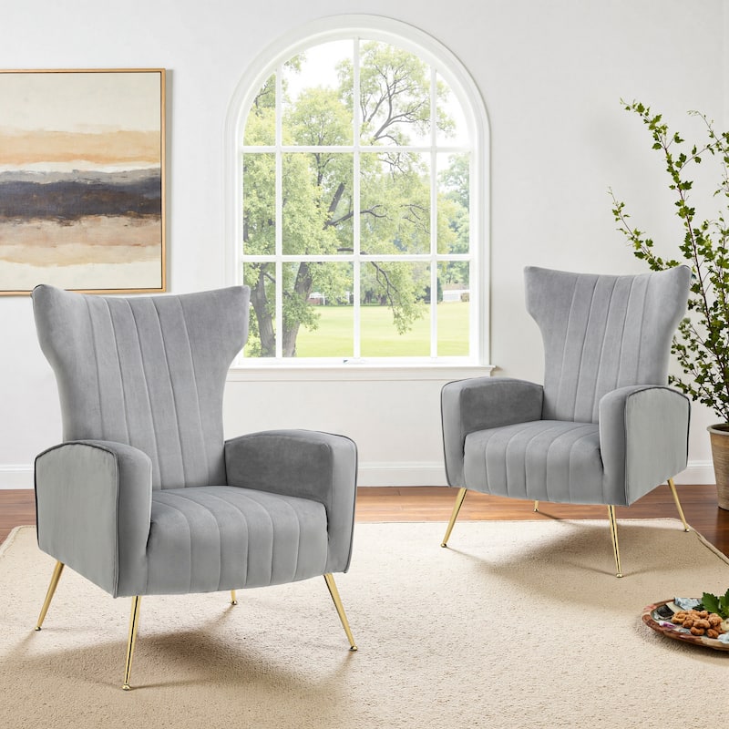 2 Set Velvet Wingback Accent Chairs with Metal Legs for Living Room