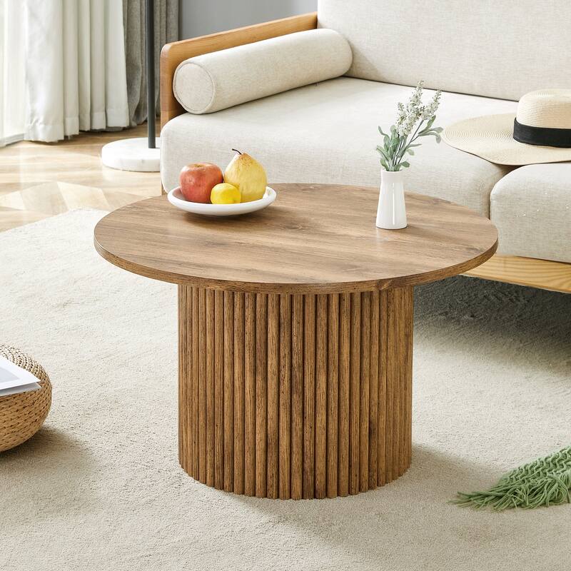 Modern Round Coffee Table with Cylindrical Legs Wooden Center Table with Concealed Storage Space Living Room Tea Table