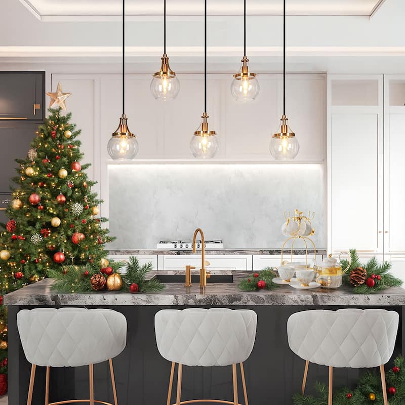 Beta Modern 5-Light Linear Orb Glass Chandelier Black Gold Pendant Light for Kitchen Island - L 31.5" x W 4.9" x H 8"