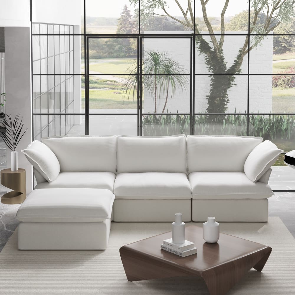 L Shaped Modern Comfy Cloud Sofa Couch, Minimalist Down-Filled Sectional Sofas Couches With Ottoman