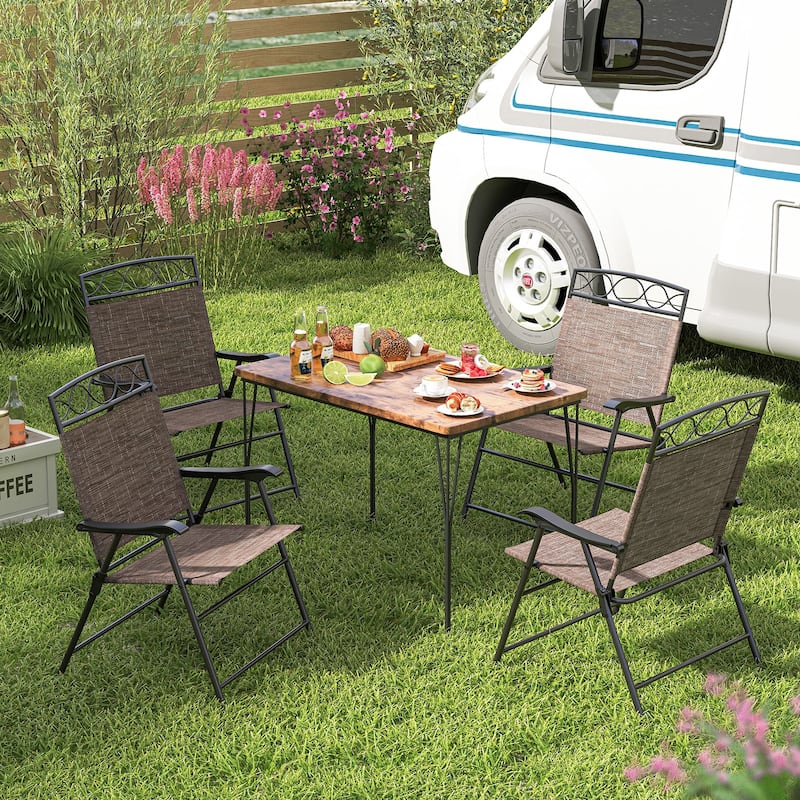 Brown Folding Patio Folding Chairs Set of 4 with Metal Frame and Ergonomic Design - 25.5" x 24" x 36" (L x W x H)