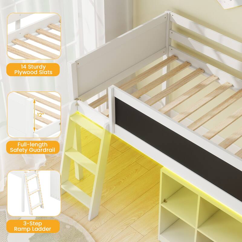 Gymax Kids Loft Bed w/LED Lights Chalkboard & Removable Bookcase