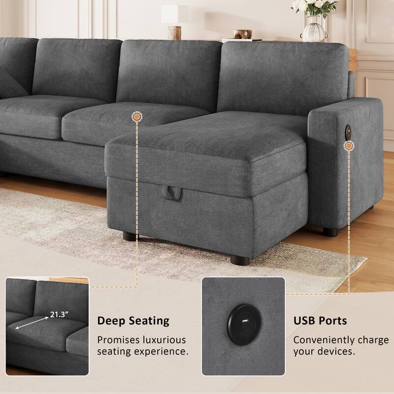 103.9" Sectional Sofa Convertible Sectional Sofa, U-shaped Sofa with Two Storage Chaise Lounges and Four USB Ports