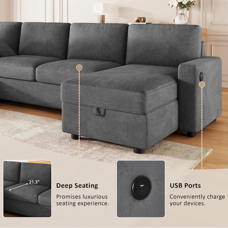 Roomfitters Convertible U-Shaped Sectional Sofa with 2 Storage Chaise Lounges and 4 USB Ports for Living Room