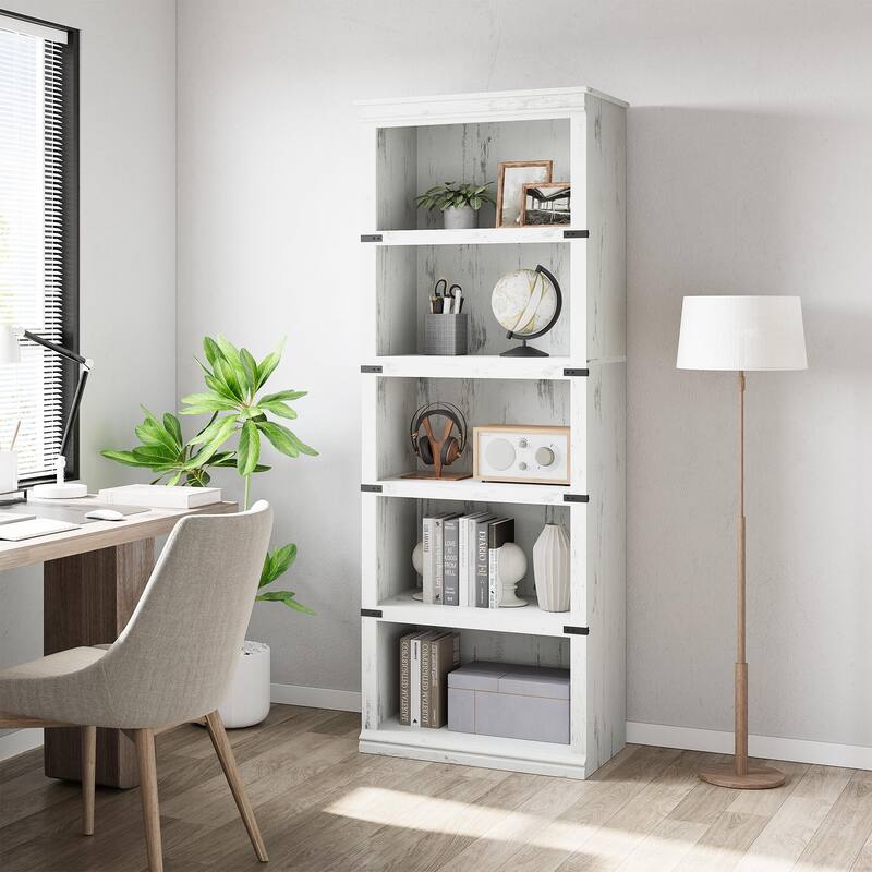 67.4" Tall Farmhouse 5-Tier Bookcase for Home Office - Antique White - Letter