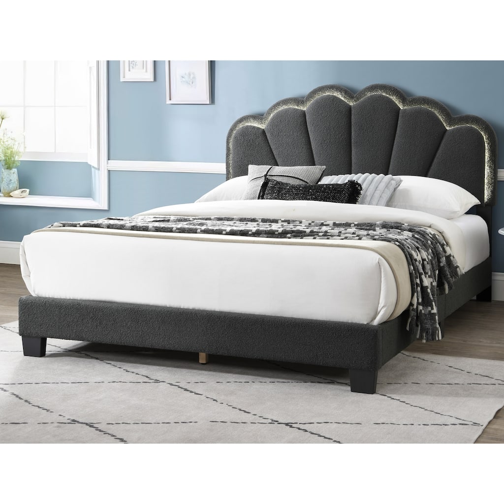 Queen Size Wool Fabric Platform Bed with LED Headboard & Floral Design, Charcoal Color