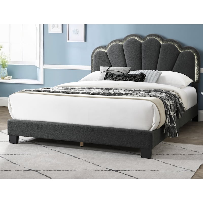 Queen Size Wool Upholstered Platform Bed with Floral Stitch Headboard and LED Lighting - Charcoal