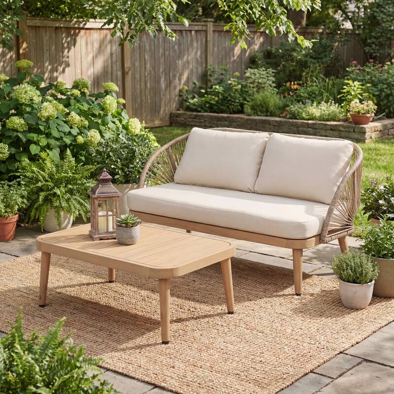 Christopher Knight Home - Marina 2-Piece Outdoor Acacia Wood Loveseat Patio Set with Slatted Coffee Table - Teak+ Beige