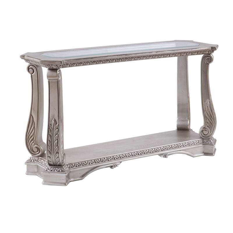 Antique Sofa Table with Polyresin Carvings and Clear Glass Top, Silver