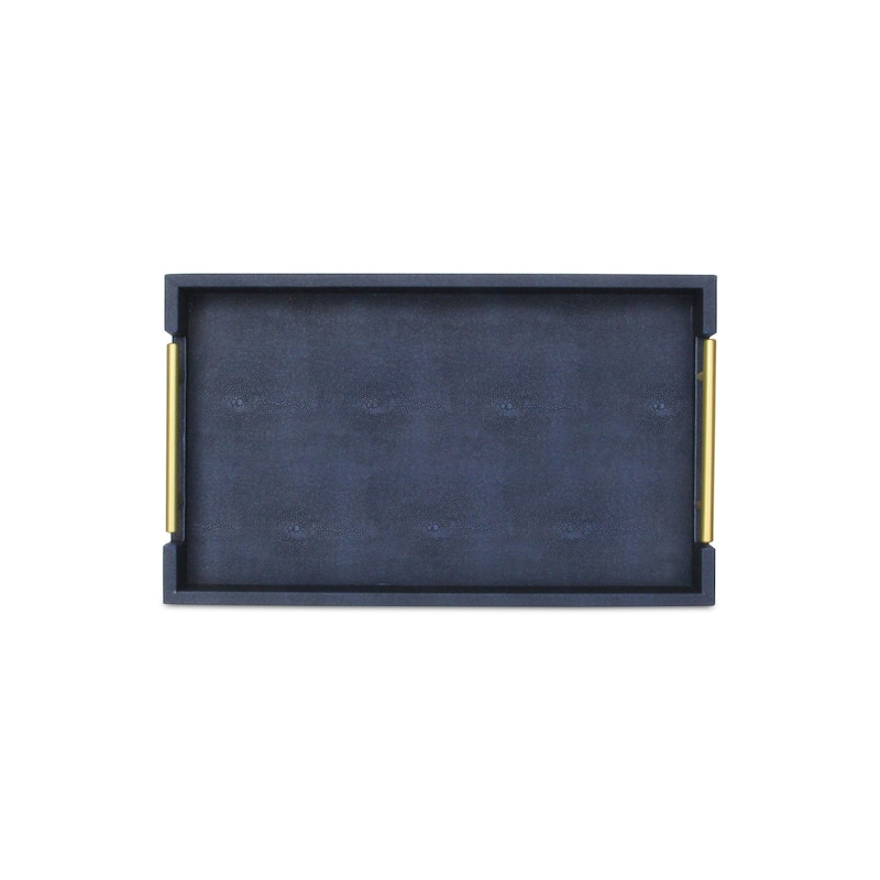 HomeRoots 16" Navy Blue Wood Faux Shagreen Serving Tray With Handles
