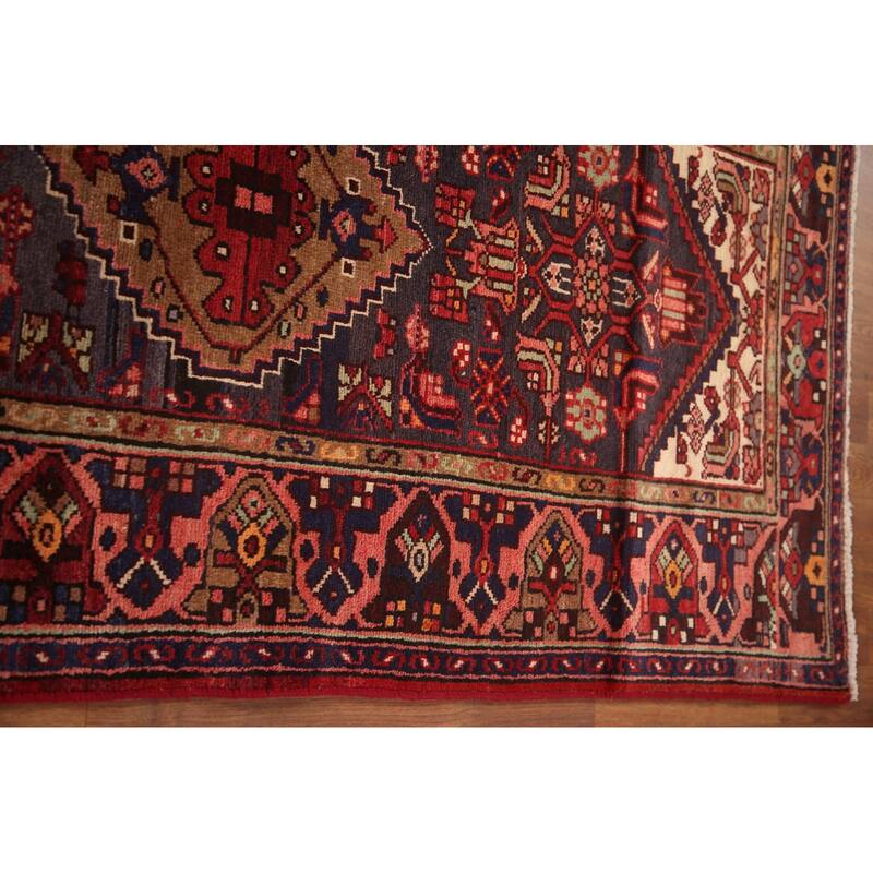 Hand Knotted Oriental 100% Wool Carpet Traditional Tribal Navy Blue & Blues Hamedan Runner Rug - 10' 9'' X 3' 6''