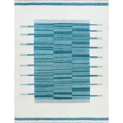 Shahbanu Rugs Aquamarine Stripe Design Flat Weave Kilim Pure Wool Hand Woven Reversible Oriental Rug (9'1" x 11'10")