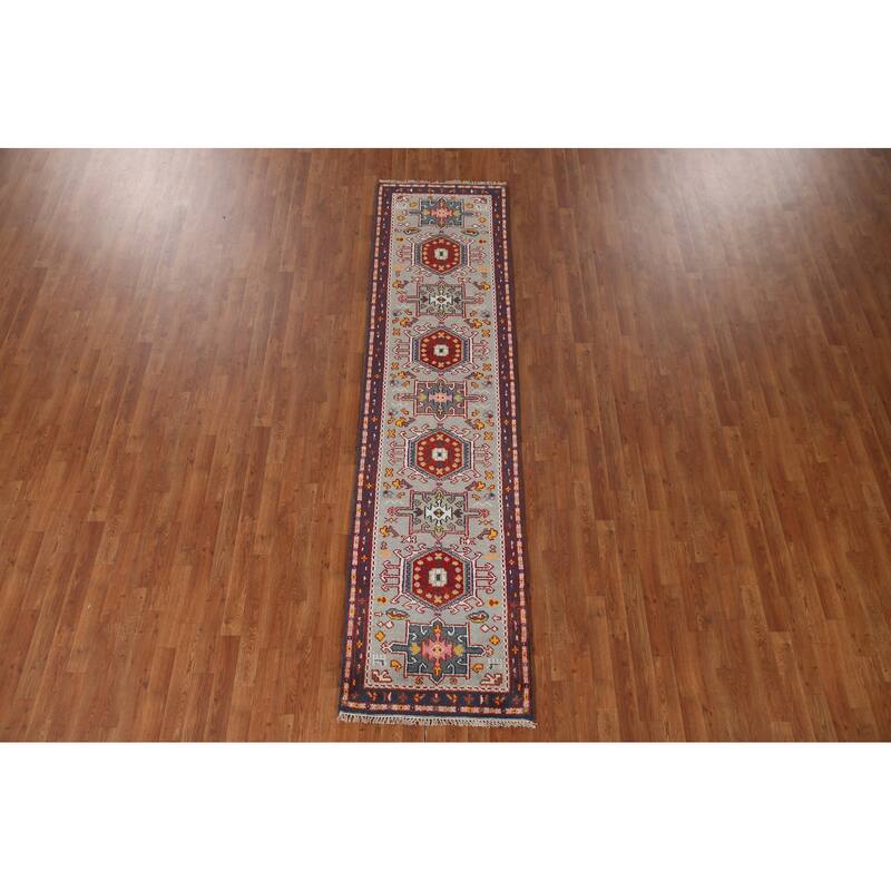 Geometric Green Kazak Indian Runner Rug Hand-knotted Wool Carpet - 2'6"x 9'11"