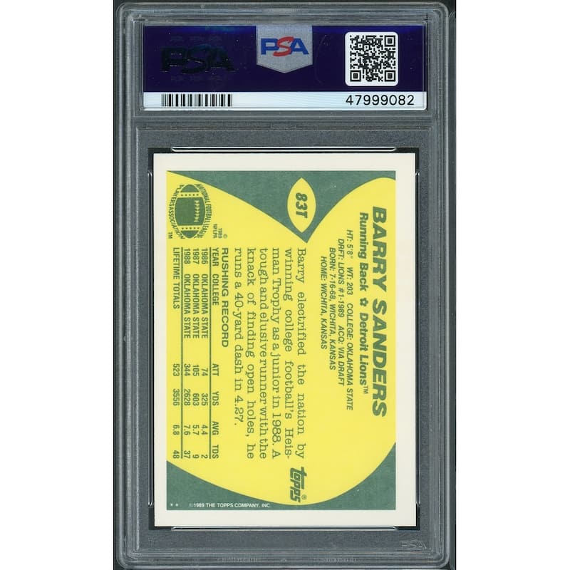 Barry Sanders 1989 Topps Traded Football Rookie Card RC #83T Graded PSA 9 - 8'6" x 11'6"