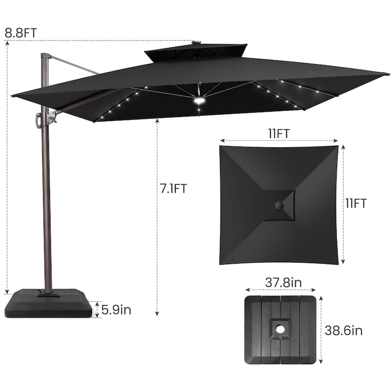 11 FT Outdoor Solar-Powered LED Light Aluminum Double Top Patio Cantilever Umbrella with Fillable Base