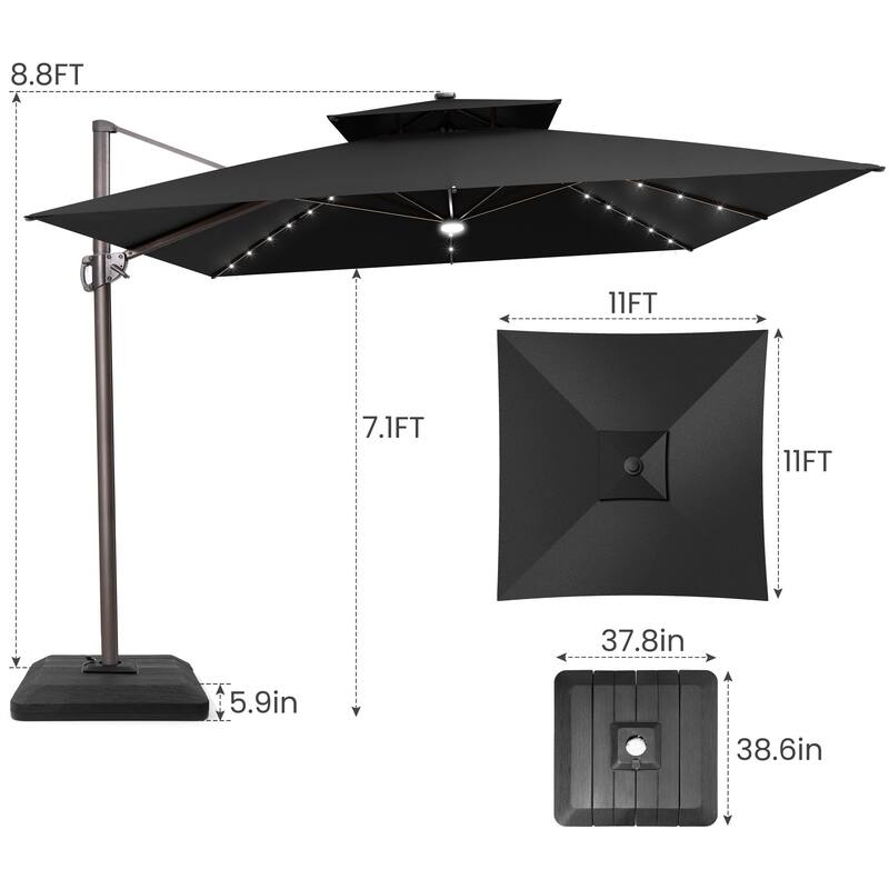 11FT Patio Cantilever Umbrella LED Lights Double Top Umbrella with 4-Piece Fillable Weighted Base