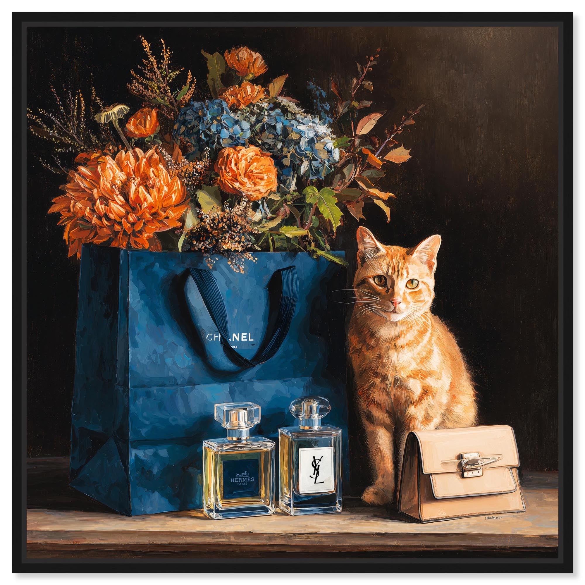 Cat Navy Shopping Bag Fashion Art Framed Canvas Print by Art Remedy