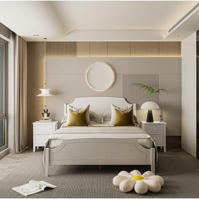White Contemporary Roman Style, Solid Wood Bed, Queen Size Bed Frame