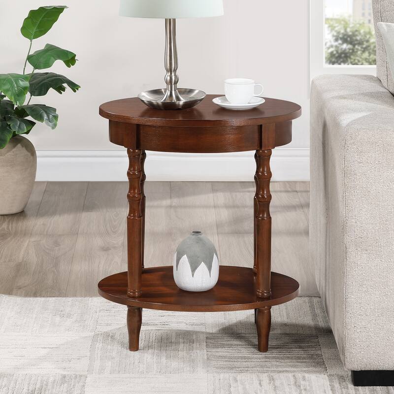 Oval End Table with Shelf Two-Tier Display Storage Solid Wood Legs Veneer Finish Versatile Nightstand Accent Piece - 20.5