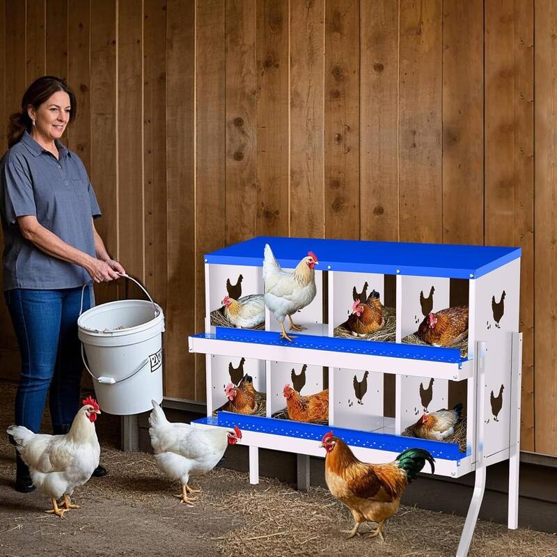 8 Compartment Metal Chicken Nesting Box, Laying Box for Hens Ducks Rabbits, Blue