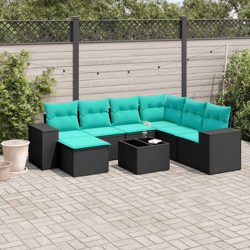 vidaXL 7/8 Piece Patio Sofa Set with Cushions Black/Brown/Gray Poly Rattan - 24.4 x 24.4 x 27.2 - Black and blue With table