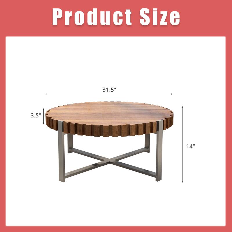 GDFStudio - Elvara Minimalist Round Coffee Table with Fluted Wood Edges, Drum Base Design & Stable Metal Frame - 31.5"W