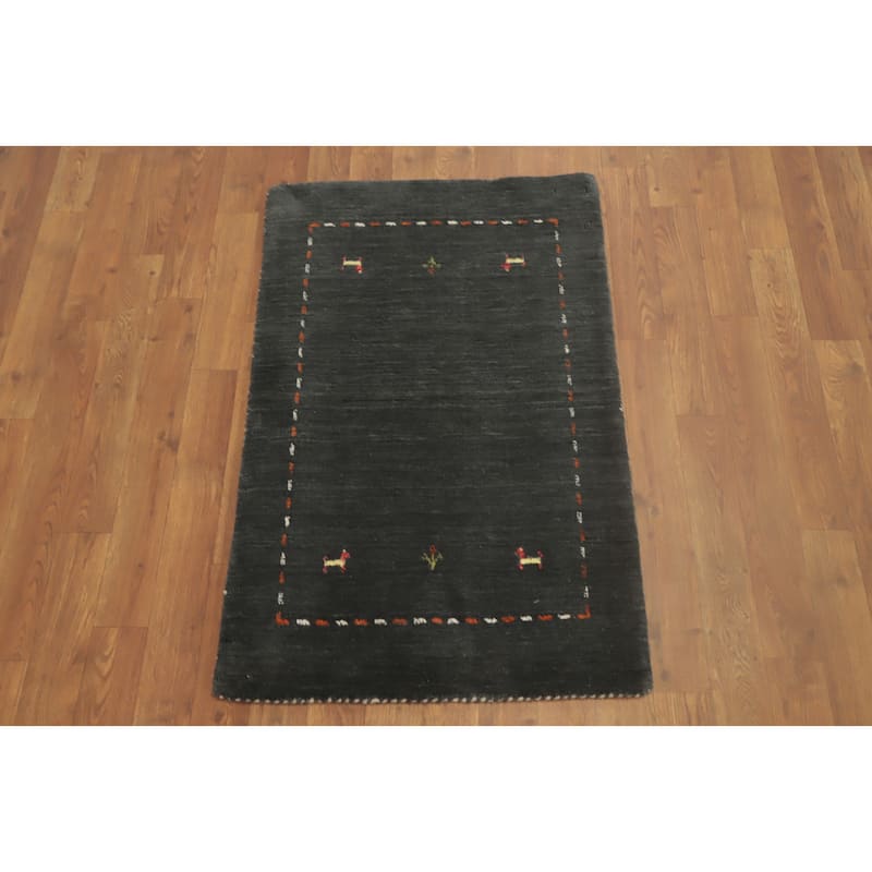 Hand Knotted Oriental 100% Wool Carpet Tribal Animal Pictorial Greys & Charcoal Gabbeh Area Rug - 3' 0'' X 2' 0''