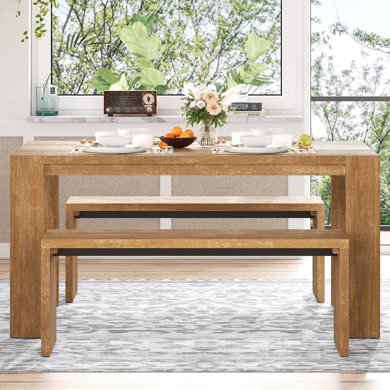 3-piece Farmhouse Style Simple Dining Set, Dining Table and 2 Benches, for Dining Room, Kitchen and Living Room (Natural - Natural