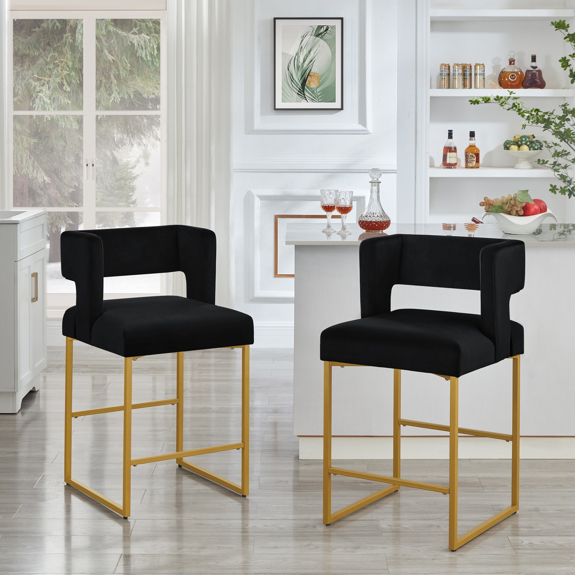 Roomfitters Modern 26" Counter Height Velvet Bar Stools with Square Open Back, Set of 2