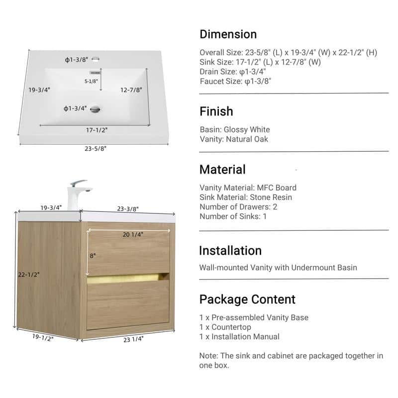Abruzzo 24" Wall-Mount Bathroom Vanity with Stone Resin Top and Dual Soft-Close Drawers