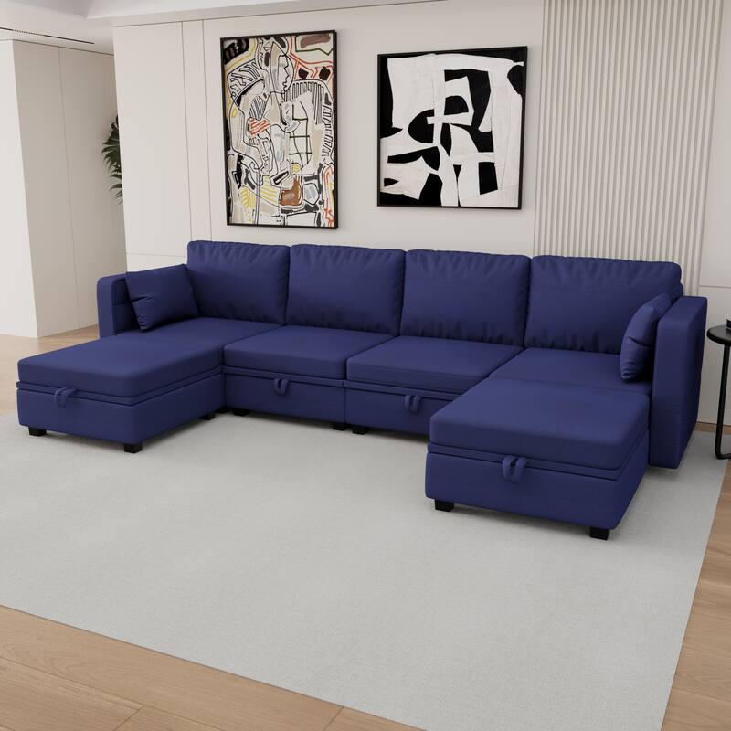 6-Seat U-Shaped Modular Reversible Sectional Sofa with Storage Ottoman