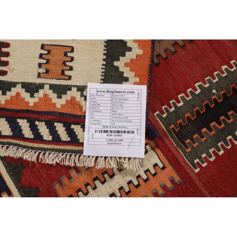 Red Kilim Qashqai Persian Vintage Rug Flatweave Wool Carpet - 5'3"x 8'2"
