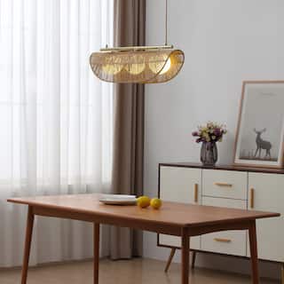 Sovev - Bohemian 3-Light Rattan Linear Pendant Light with Opal Glass Shade, Brass Hanging Stem - 9" x 27.5"