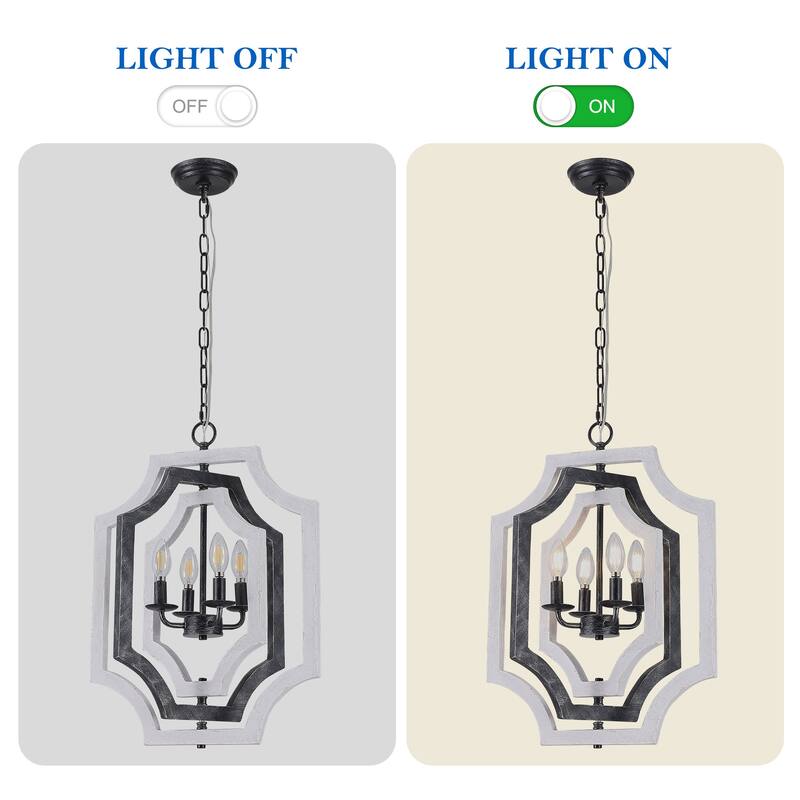 CurveCurio 18" Boho Adjustable Three-Tier Solid Wood Shade Pendant Light w 4 Lights, Austable Hanging Chain Chandelier