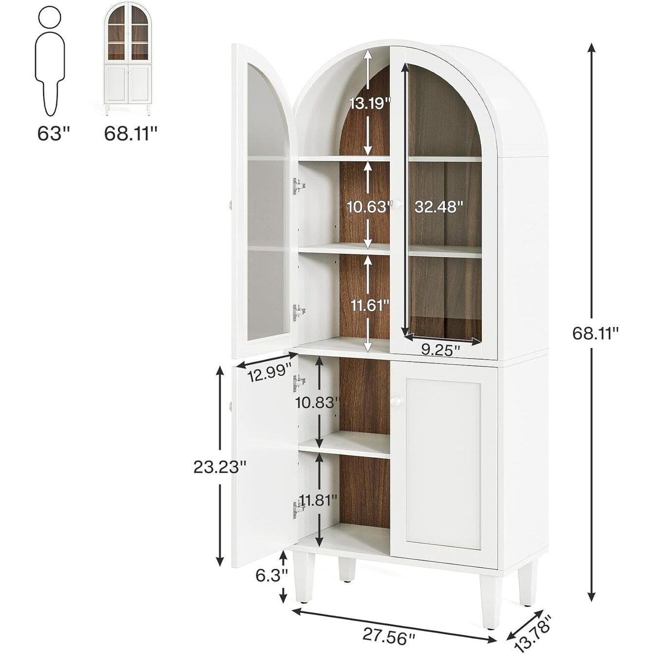 5-Tier White Wood Farmhouse Arch Storage Cabinet, 68 Inches Bookcase with Doors & Adjustable Shelves