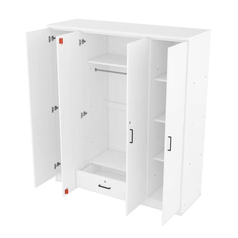 Modern Freestanding Floor Wardrobe for Bedroom, Armoire Closet High Storage Cabinet with Drawer, Shelves and Hanging Rail, White