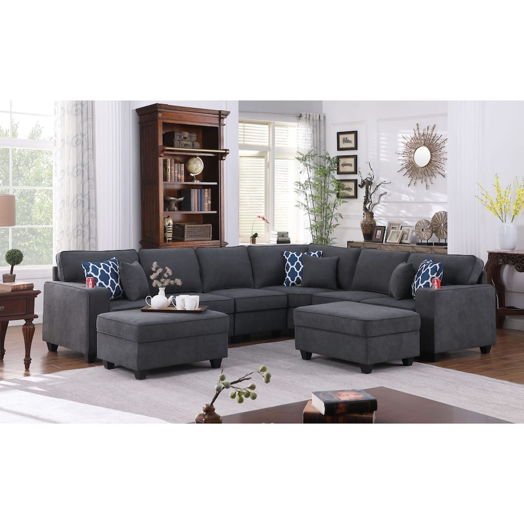 8 Piece L-Shape Sectional Sofa with 2 Ottomans in Stone Gray