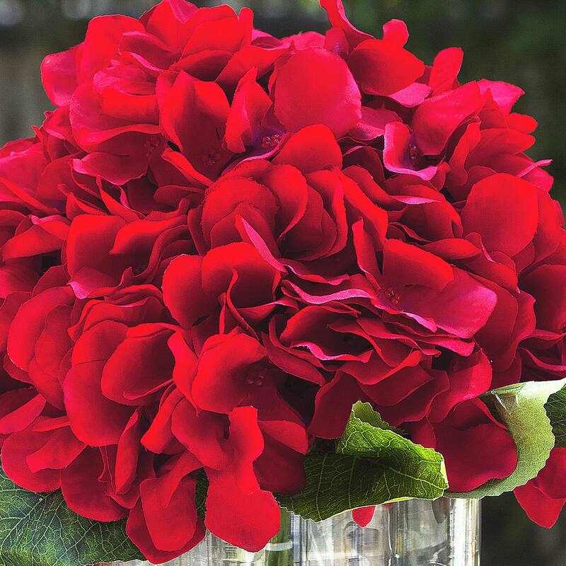 Enova Home Artificial Large Silk Hydrangea Fake Flowers Arrangement in Clear Glass Vase for Home Wedding Decoration
