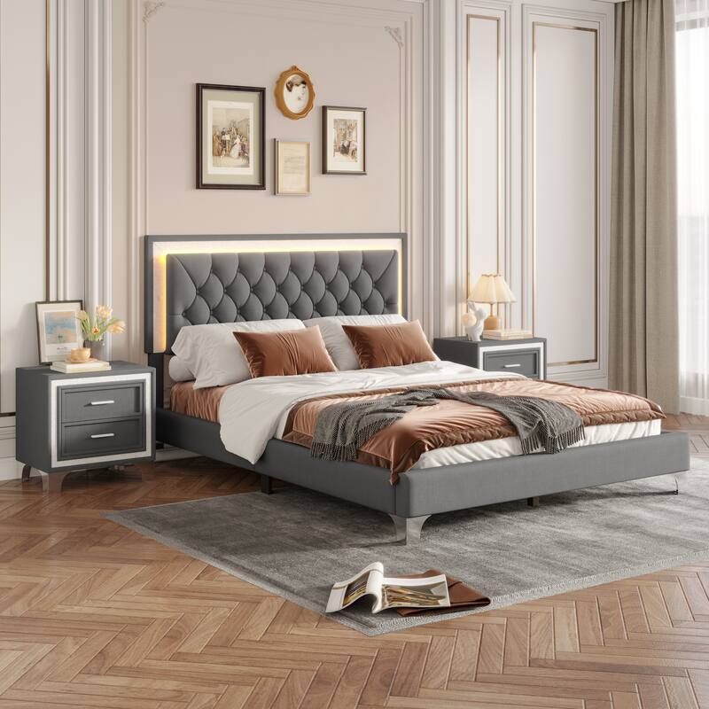 Queen Size Velvet 3-Pieces Bedroom Sets with Tufted Headboard, Bedroom Upholstered Bed Platform Bed with 2 Nightstands