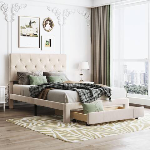 Full/Queen Size Storage Bed Velvet Upholstered Platform Bed with a Big Drawer